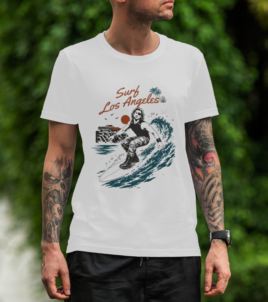 Surf Los Angeles 2026 Vintage Surfer With Sunset And Palm Tree Ocean Wave T-Shirt