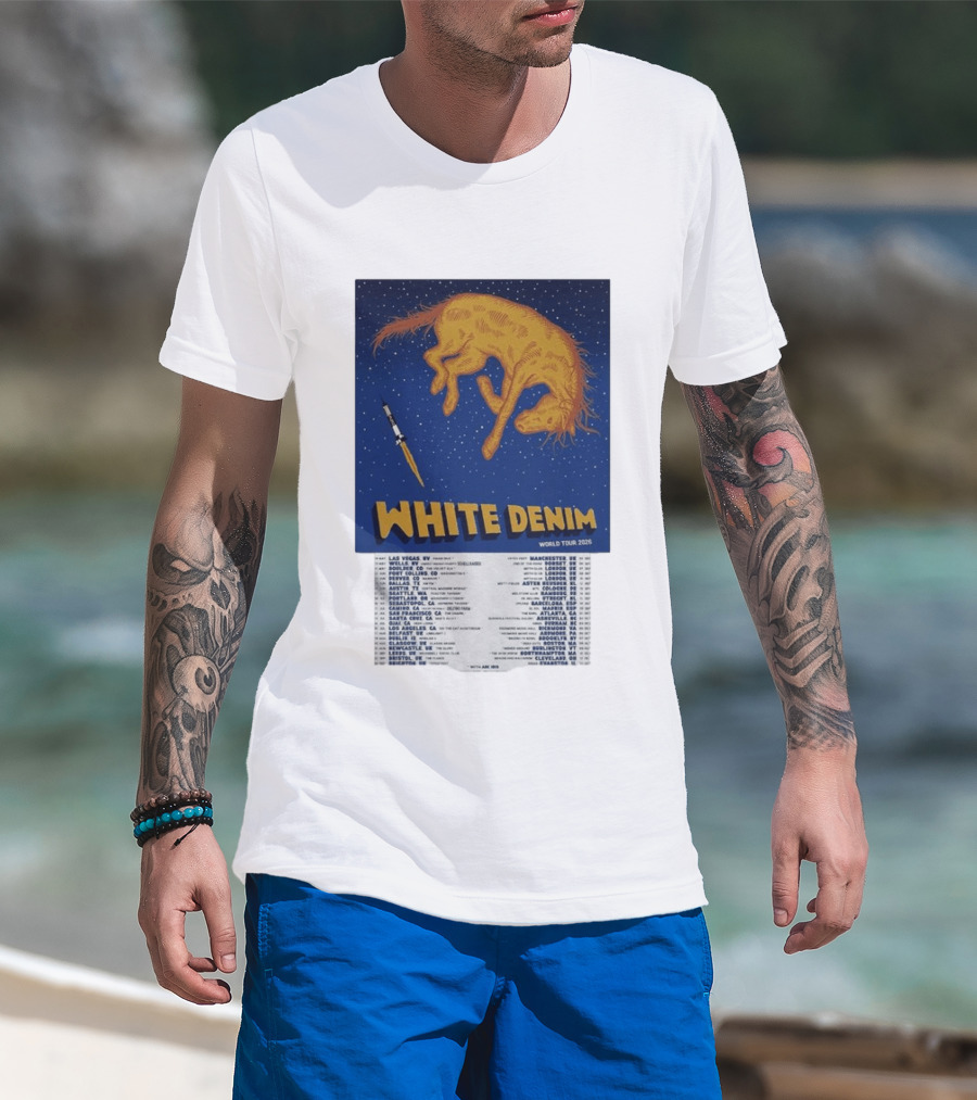 White Denim World Tour 2026 Tour Dates And Cities With Starry Night Horse Scene T-Shirt