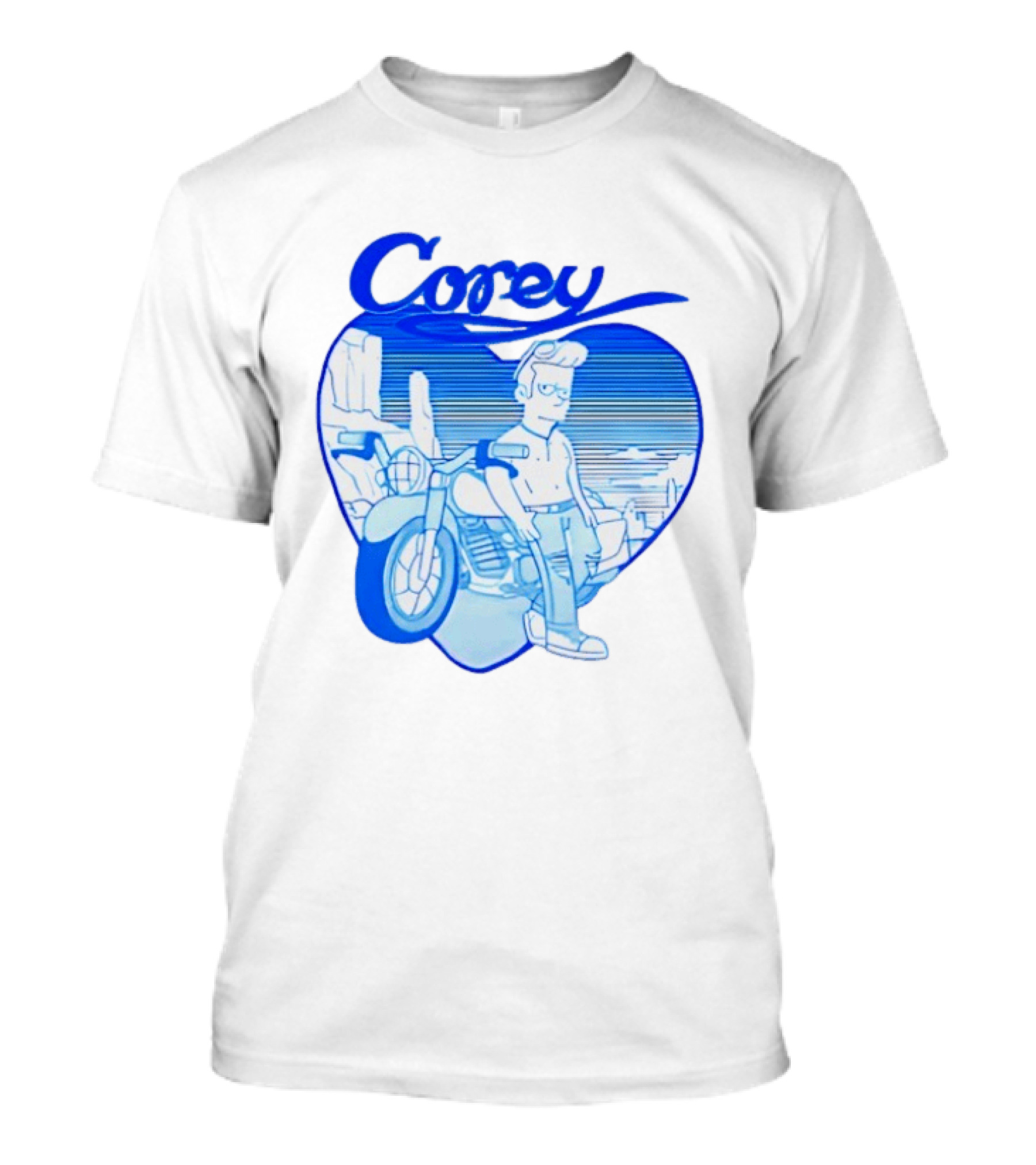 Corey Simpson Motorcycle In Heart Retro Cartoon Style With Blue Desert T-Shirt