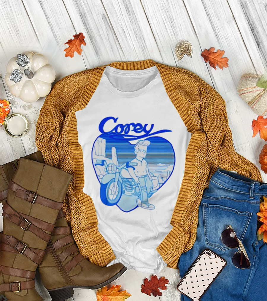 Corey Simpson Motorcycle in Heart Retro Cartoon Style with Blue Desert T-Shirt