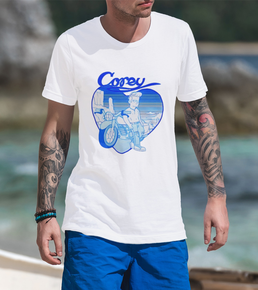 Corey Simpson Motorcycle In Heart Retro Cartoon Style With Blue Desert T-Shirt