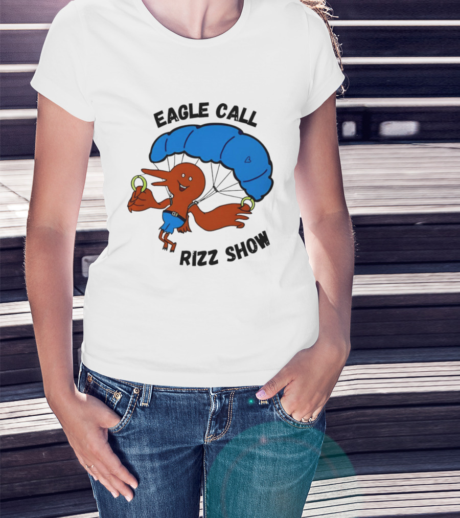 Eagle Call Rizz Show Parachuting Bird Character With Blue Canopy T-Shirt