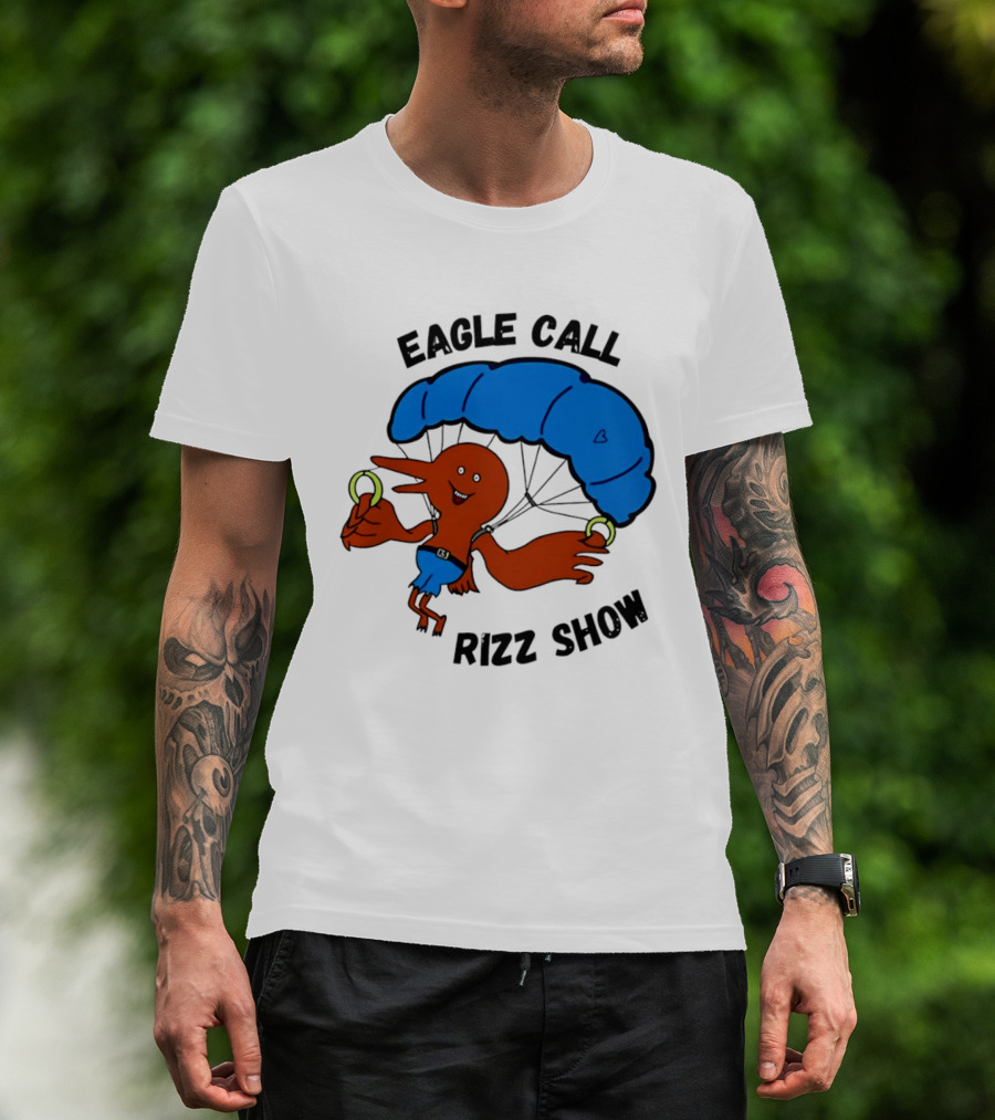 Eagle Call Rizz Show Parachuting Bird Character With Blue Canopy T-Shirt