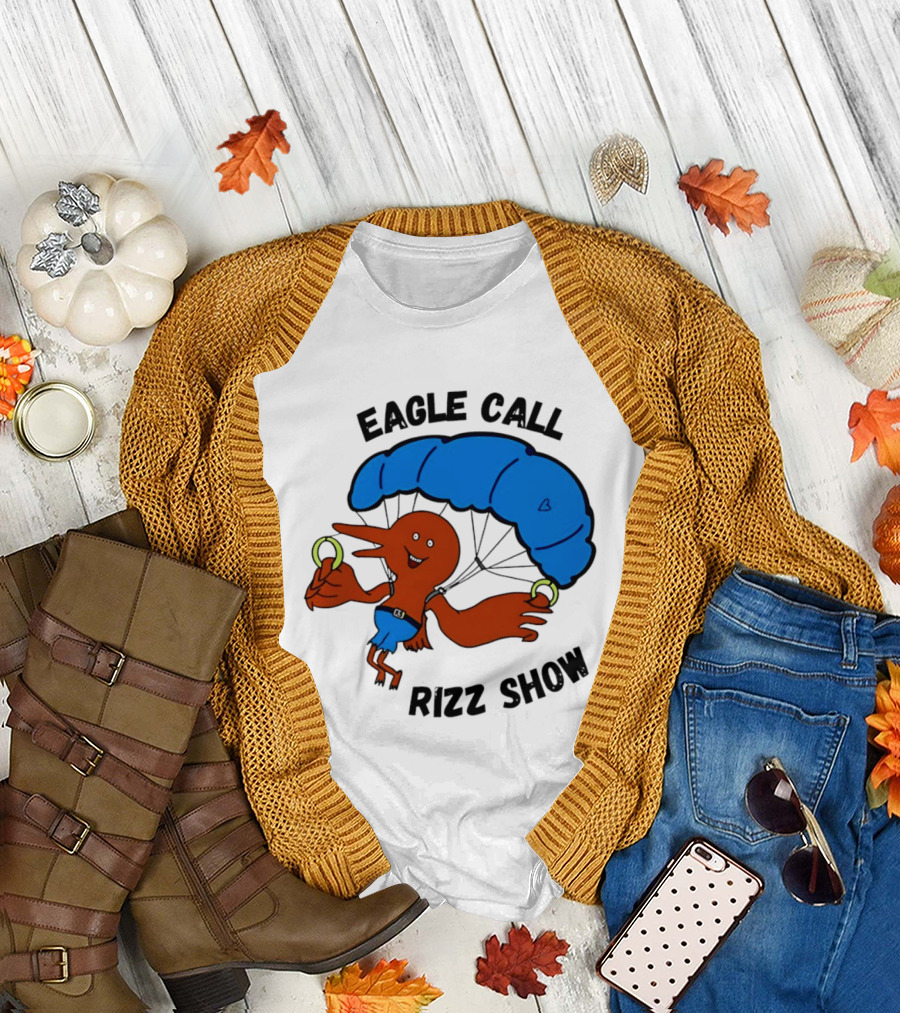 Eagle Call Rizz Show Parachuting Bird Character With Blue Canopy T-Shirt