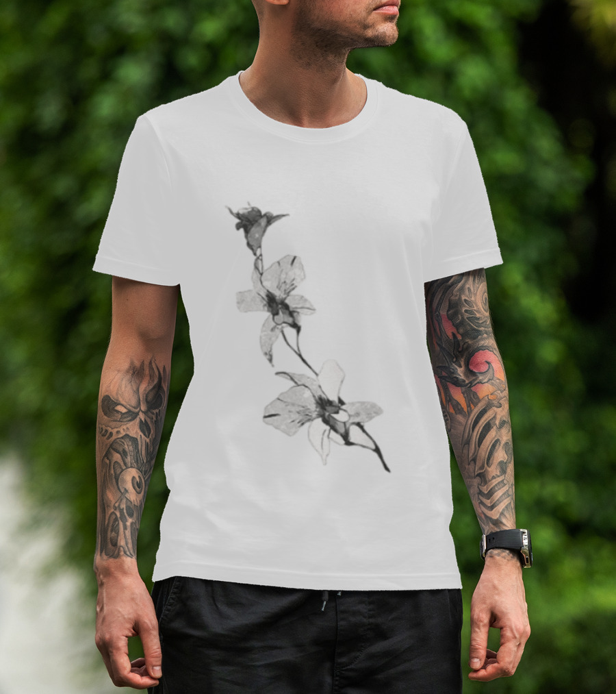 Orchid Flower Botanical Illustration Monochrome Blossom Print T-Shirt
