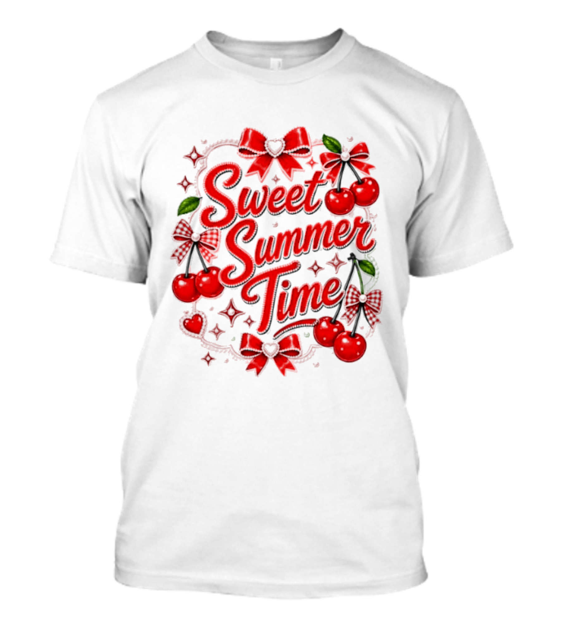 Sweet Summer Time Cherry Pearl Ribbon Hearts Bows T-Shirt