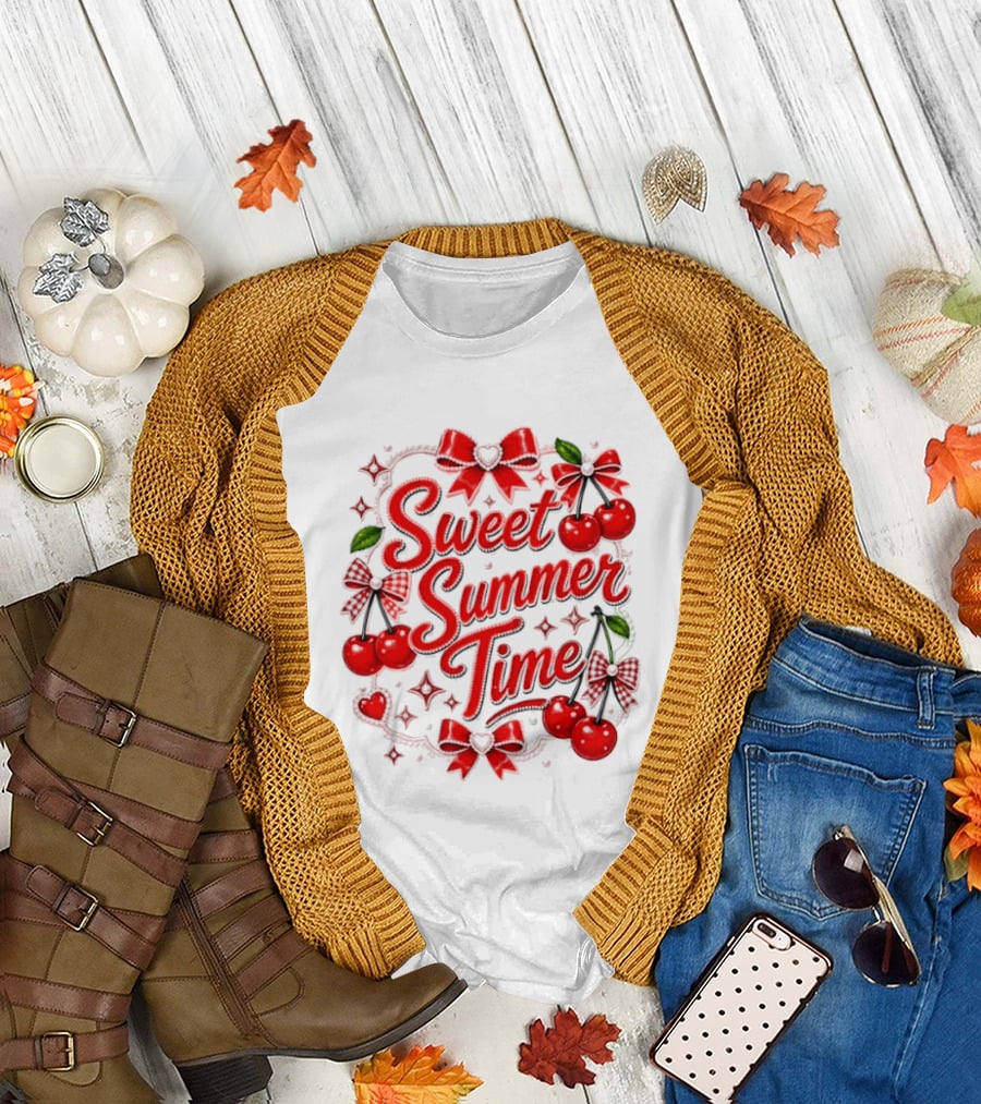 Sweet Summer Time Cherry Pearl Ribbon Hearts Bows T-Shirt