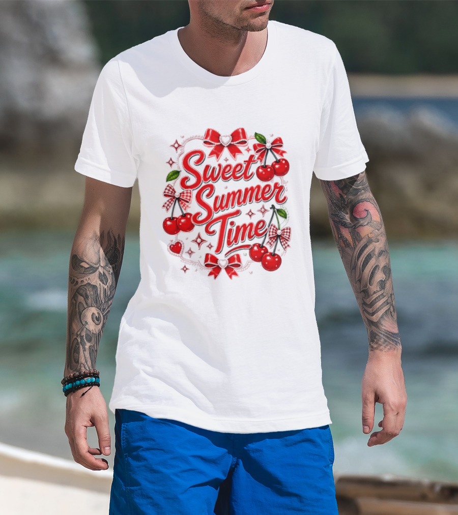 Sweet Summer Time Cherry Pearl Ribbon Hearts Bows T-Shirt