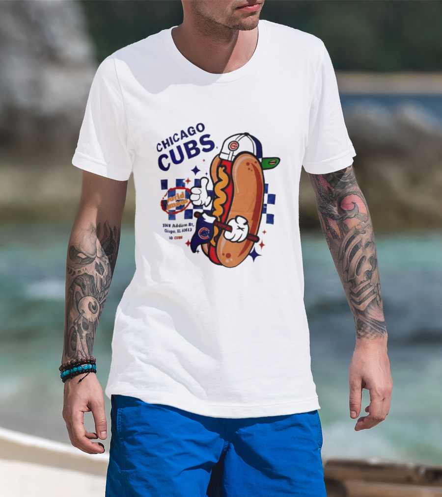 Chicago Cubs World Famous 1060 Addison St Hot Dog Wrigley Field Baseball Fan T-Shirt