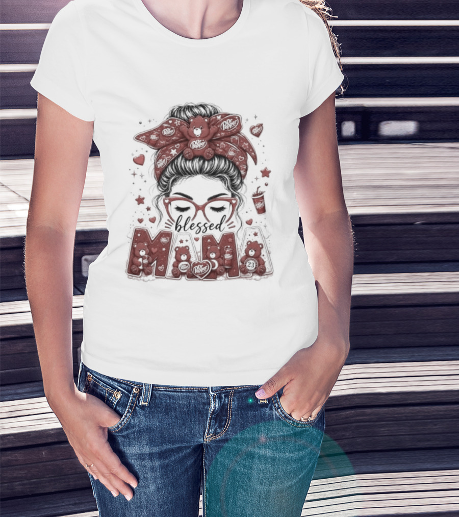 Messy Bun Dr Pepper Blessed Mama Glasses And Bandana T-Shirt