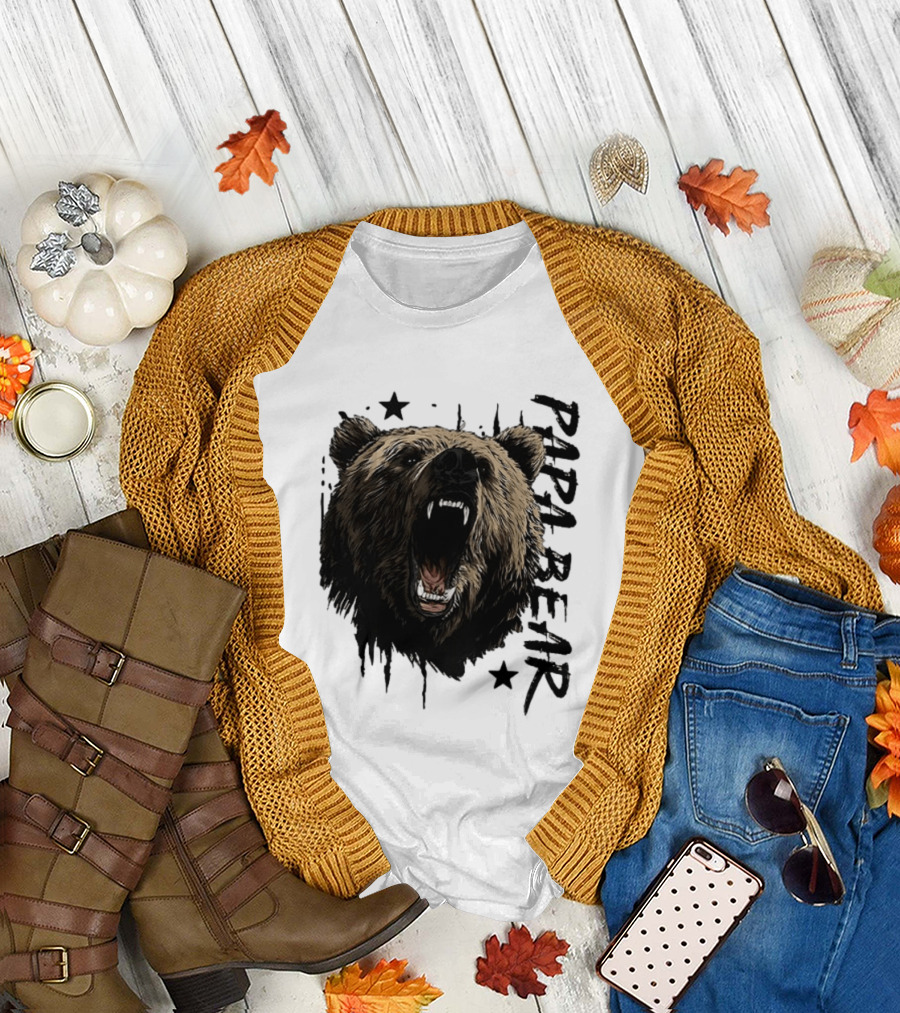 Papa Bear Distressed Flag Bold Grizzly Roar Father's Day T-Shirt