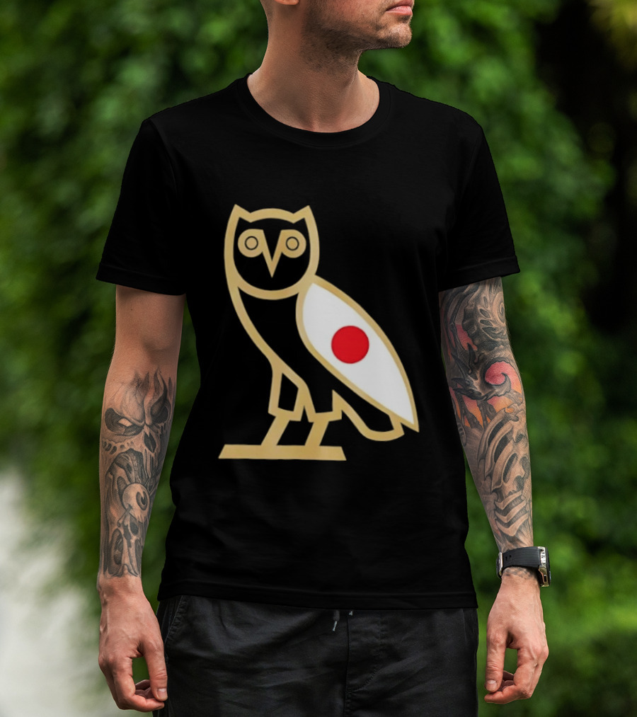 OVO Owl Japan Flag Icon Gold Outline And Red Circle Motif T-Shirt