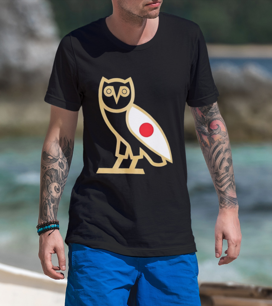 OVO Owl Japan Flag Icon Gold Outline And Red Circle Motif T-Shirt