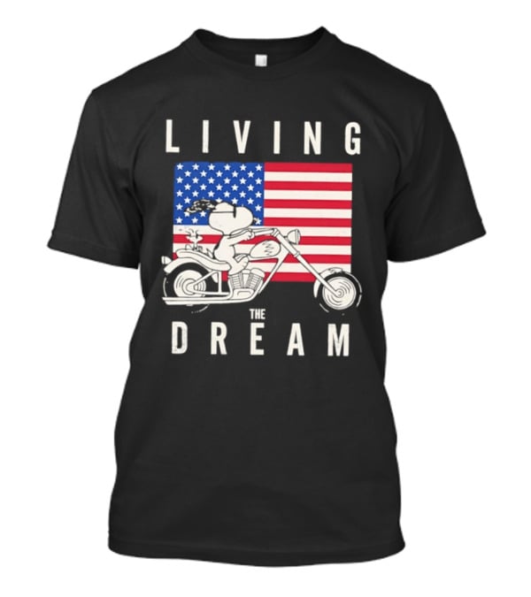 Living The Dream Snoopy Woodstock Motorcycle American Flag Peanuts T-Shirt