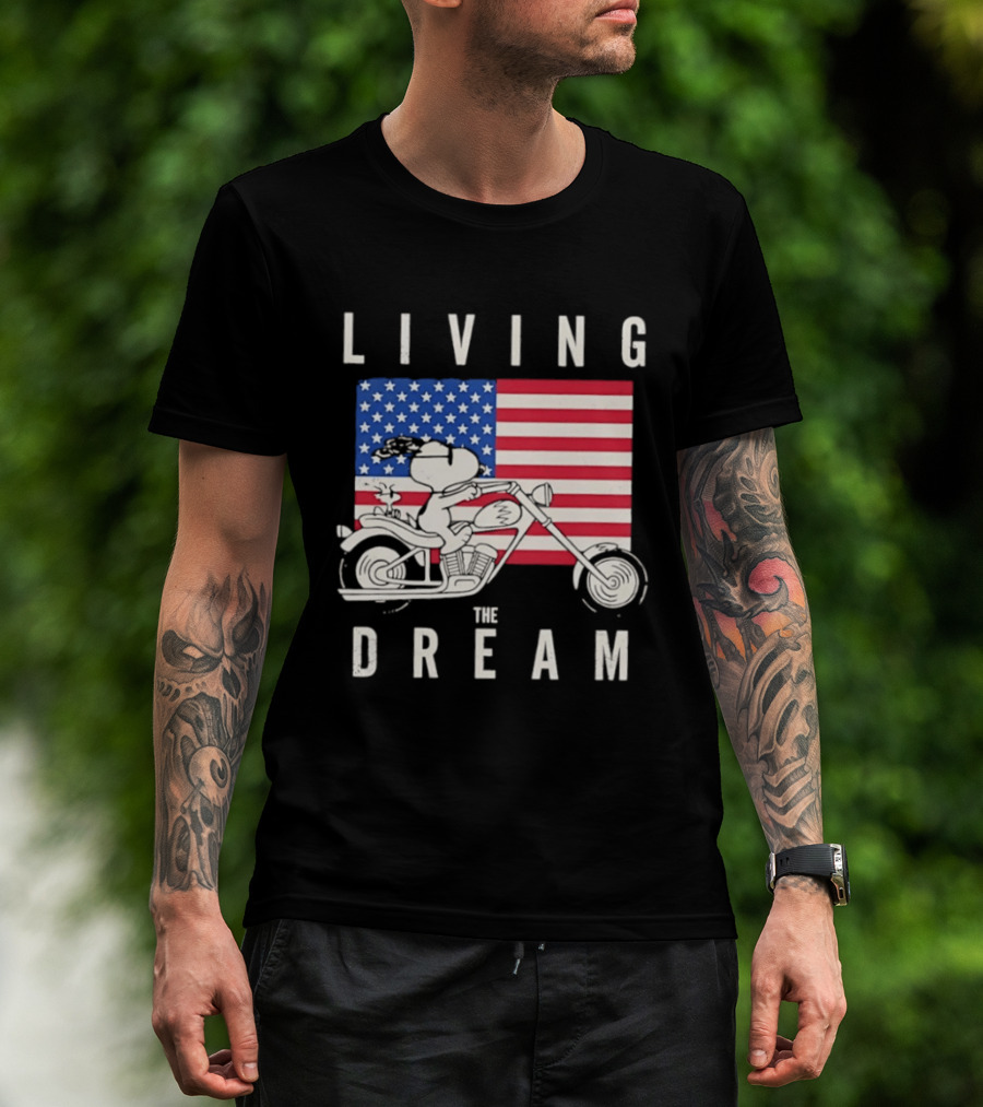 Living The Dream Snoopy Woodstock Motorcycle American Flag Peanuts T-Shirt