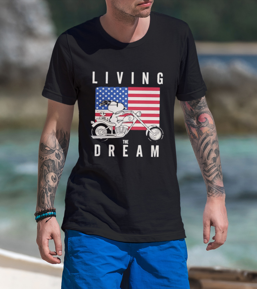 Living The Dream Snoopy Woodstock Motorcycle American Flag Peanuts T-Shirt