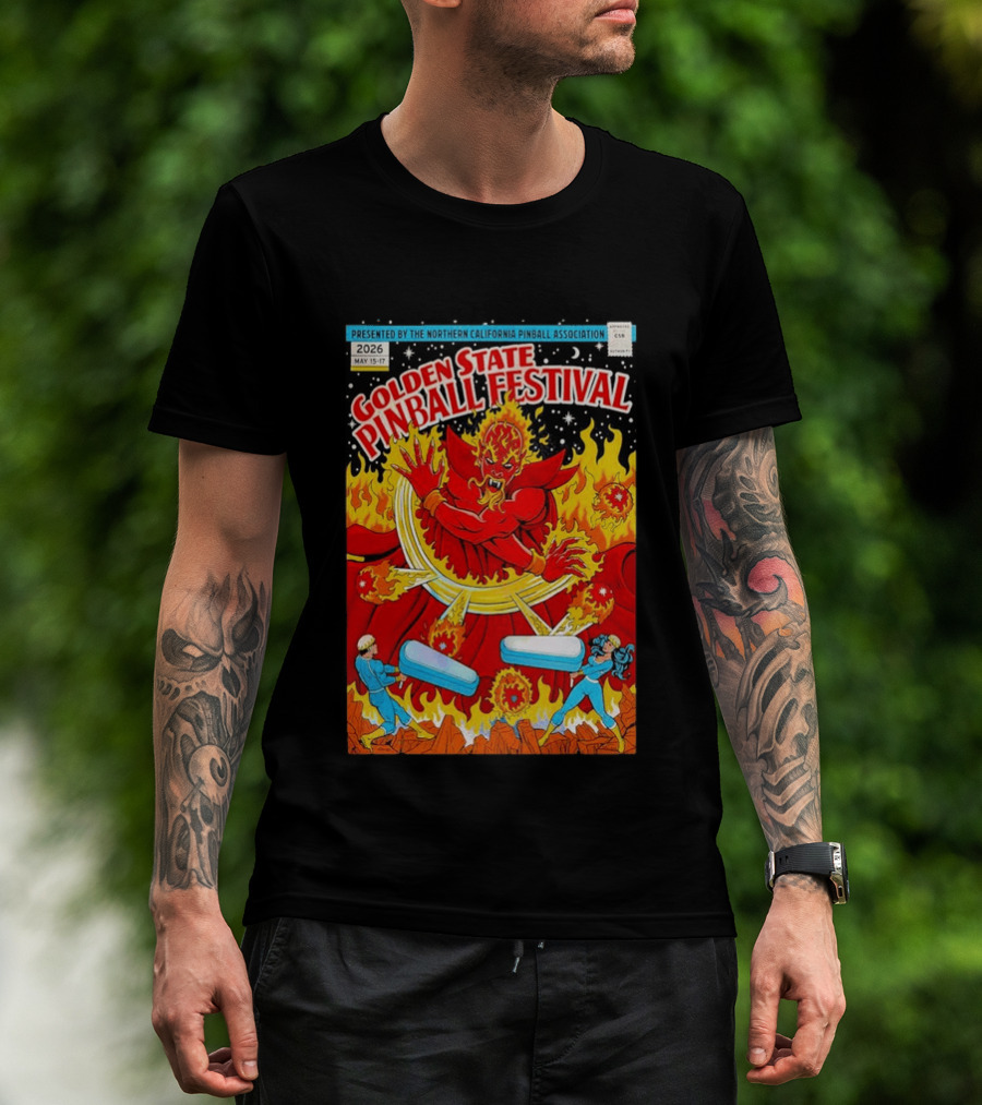 Golden State Pinball Festival Northern California May 2026 Fire Demon Battle T-Shirt