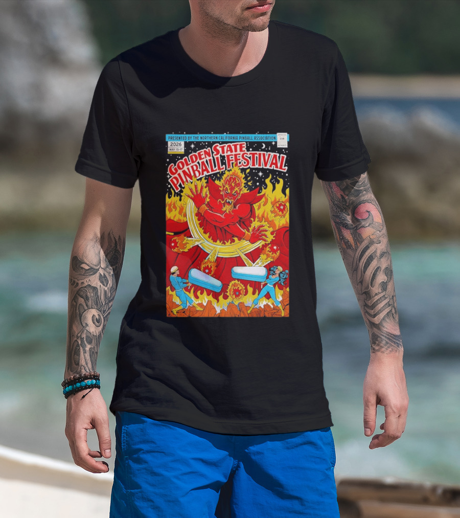 Golden State Pinball Festival Northern California May 2026 Fire Demon Battle T-Shirt