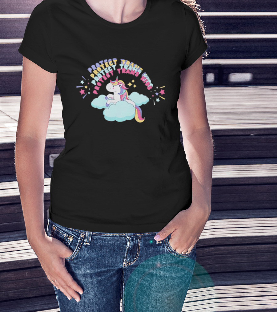 Protect Trans Kids Unicorn Rainbow Stars Cloud T-Shirt