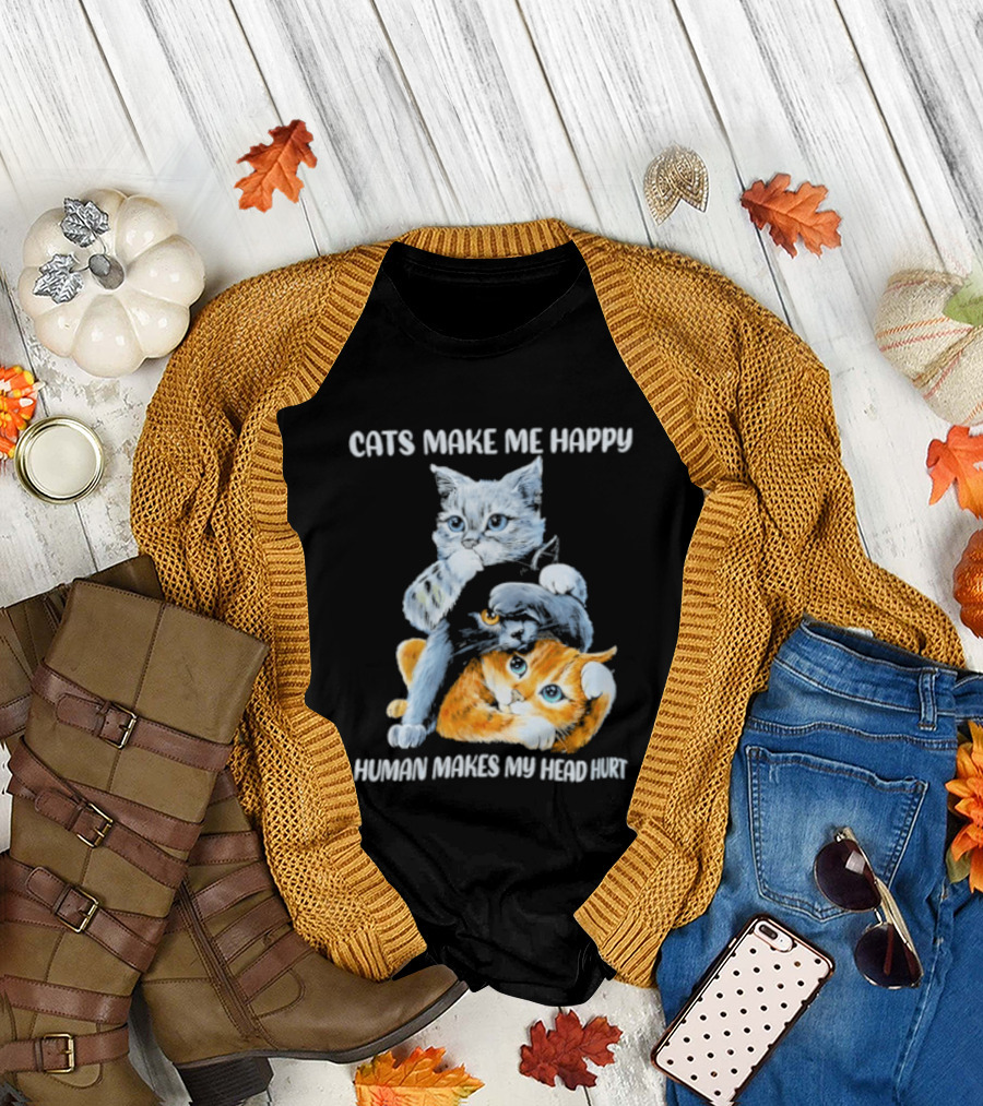 Cats Make Me Happy Human Makes My Head Hurt Cute Cat Duo T-Shirt