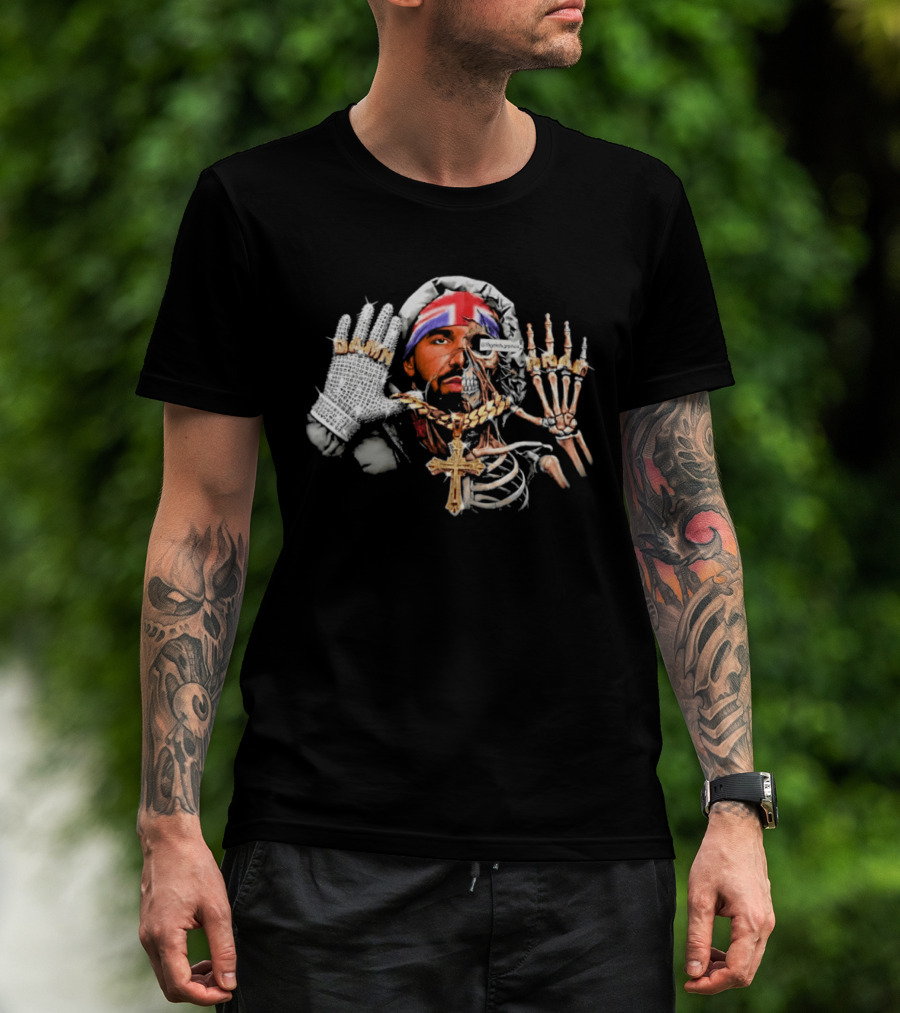 Damn Pray Skeleton Half Face Union Jack Diamond Glove Cross Necklace T-Shirt