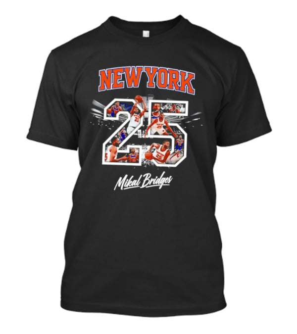 New York Knicks 25 Mikal Bridges Basketball Action Montage T-Shirt
