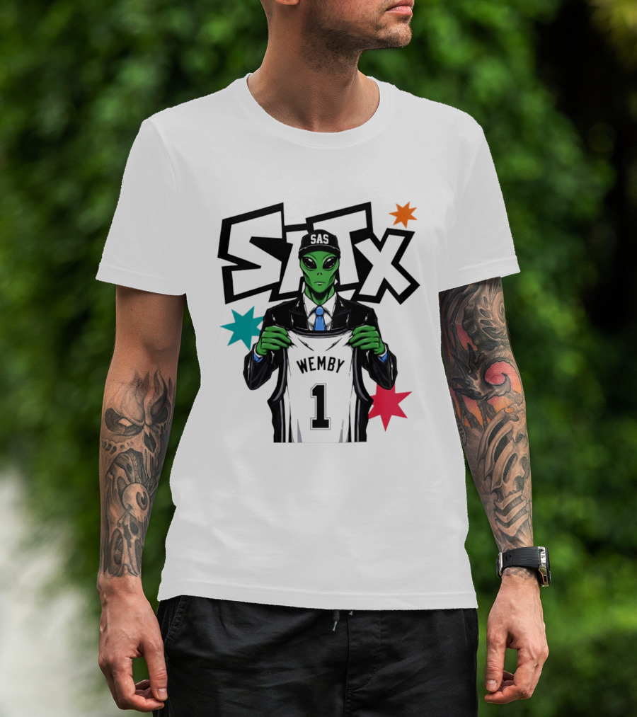 STX SAS Alien Wemby Holding Spurs Jersey Victor Wembanyama T-Shirt