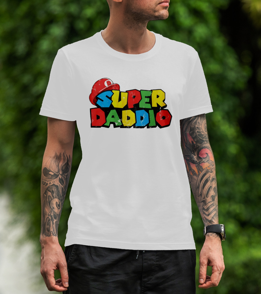 Super Daddio Mario Cartoon Colorful Text With Red Hat T-Shirt