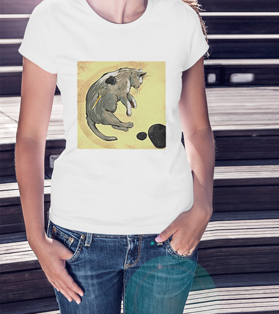 Zen Garden Kitty Rake And Stones Tranquility T-Shirt