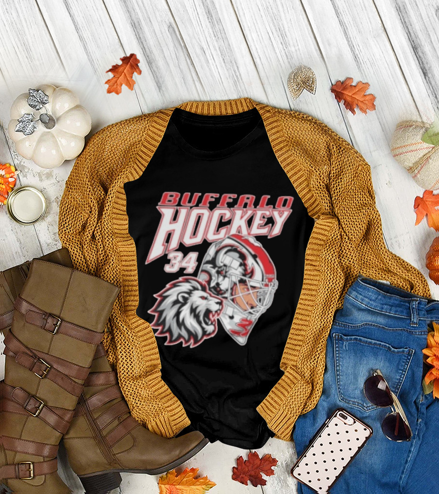 Buffalo Hockey 34 Alex Lyon Lion Graphic with Hockey Helmet T-Shirt