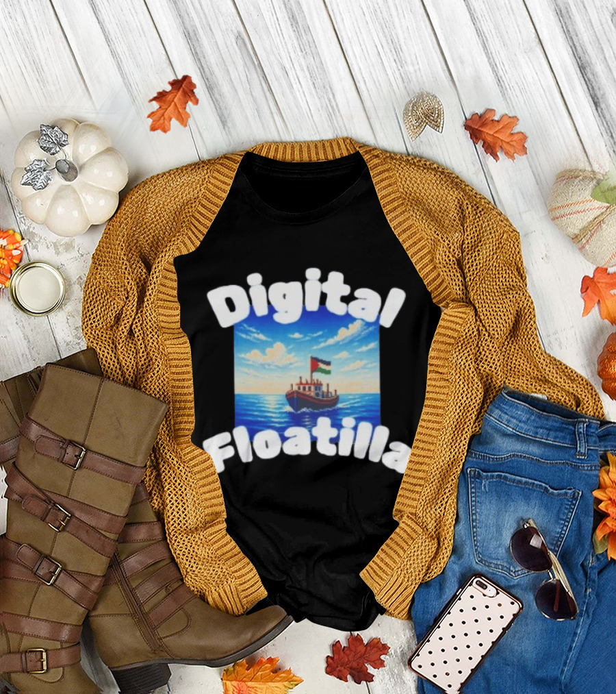 Digital Floatilla Boat with Flag on Ocean Waves T-Shirt