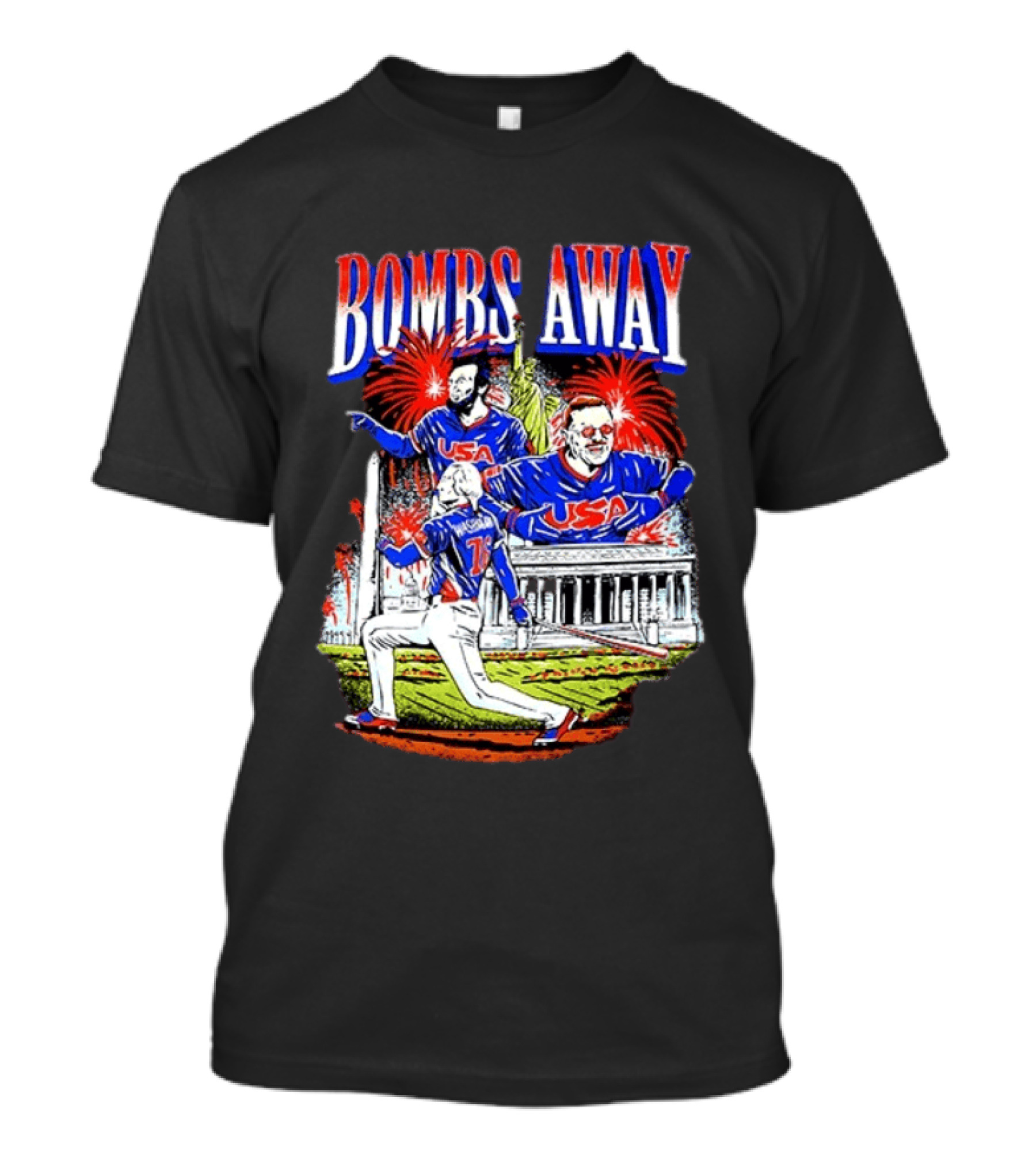 Bombs Away USA Firework Celebration And Baseball Scene T-Shirt