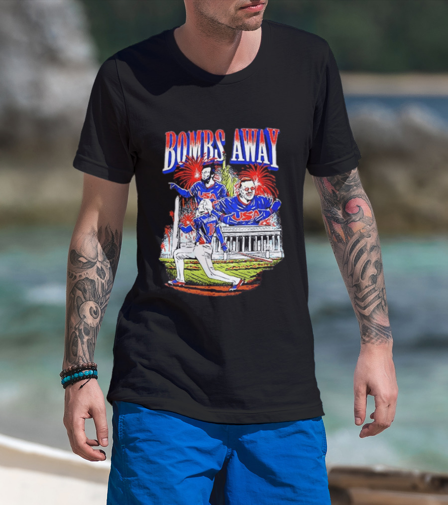 Bombs Away USA Firework Celebration And Baseball Scene T-Shirt