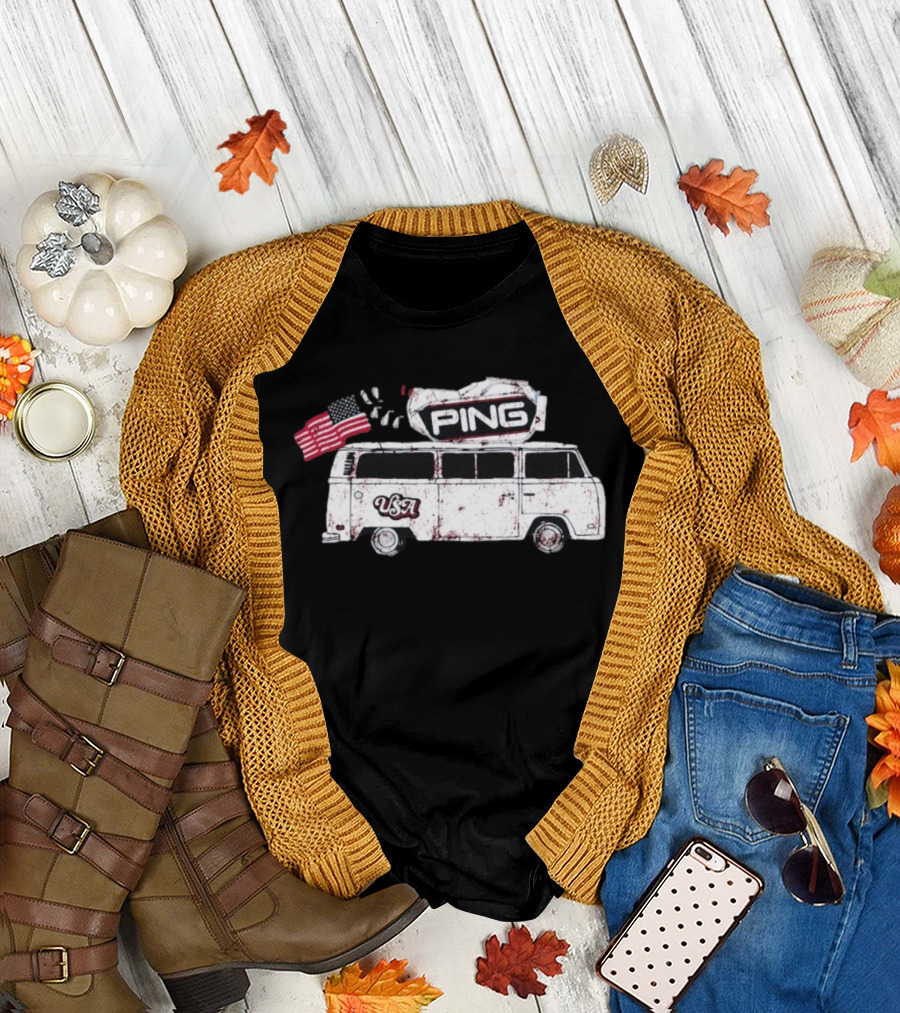 Ping USA Vintage Bus with American Flag and Surfboard T-Shirt