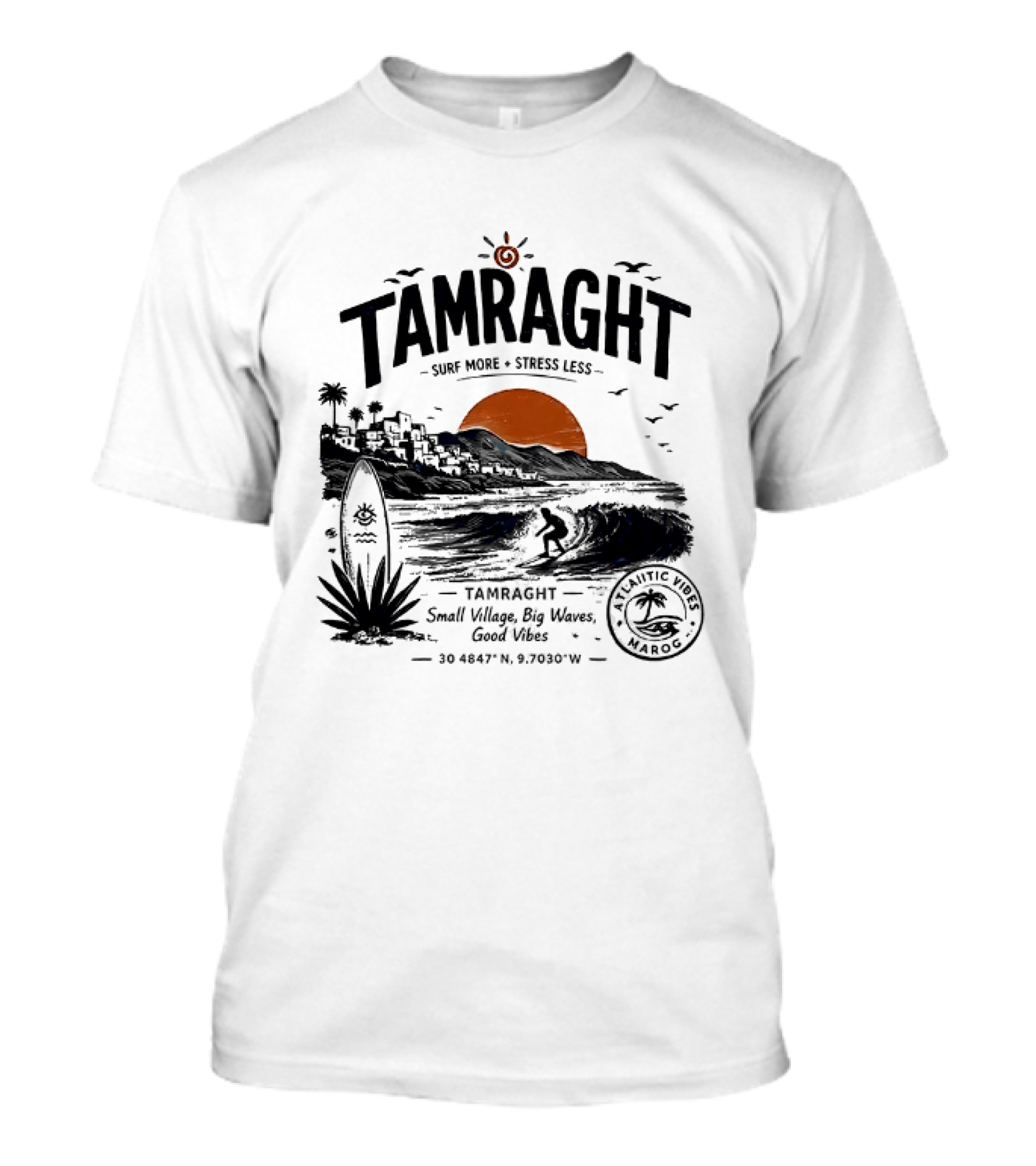 Tamraght Surf More Stress Less 2026 Sunset Palm Trees Good Vibes Agadir Coordinates T-Shirt