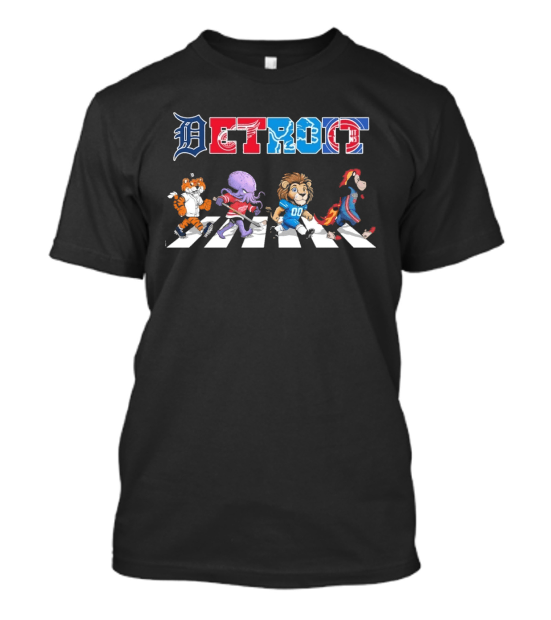 Detroit Tigers Red Wings Lions Pistons Mascots Walking Road T-Shirt