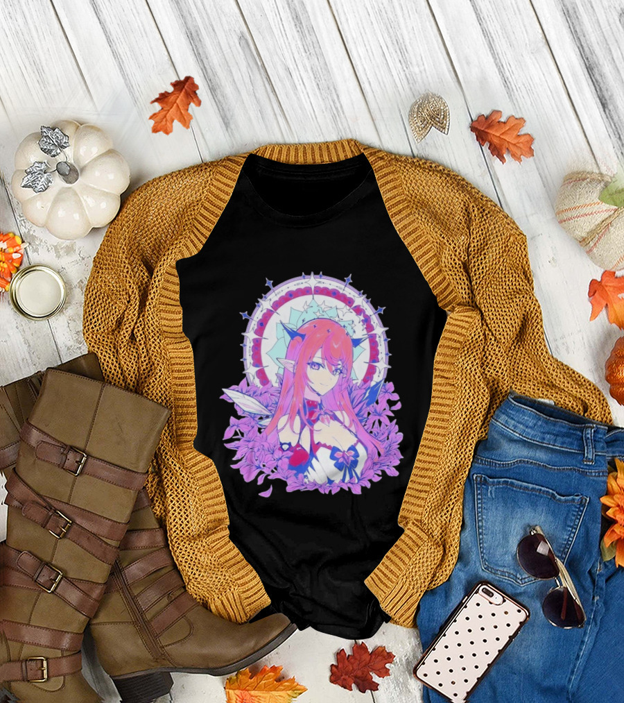 Ghost X Ghost IRyS Anime Character with Floral and Heart Motif in Pastel T-Shirt