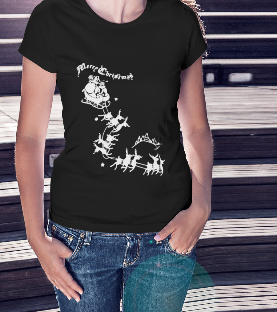 Merry Christmas Santa Sleigh Reindeer In Night Sky With Mountains Isla Gordon T-Shirt