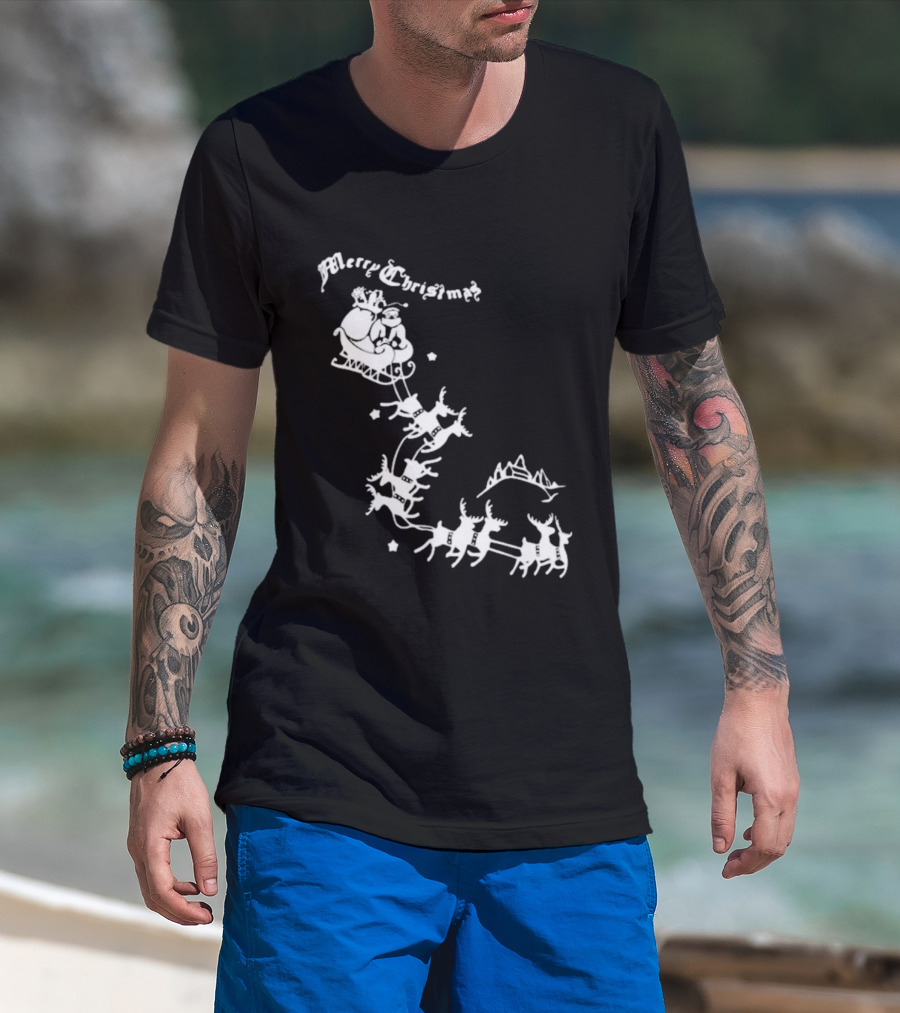 Merry Christmas Santa Sleigh Reindeer In Night Sky With Mountains Isla Gordon T-Shirt