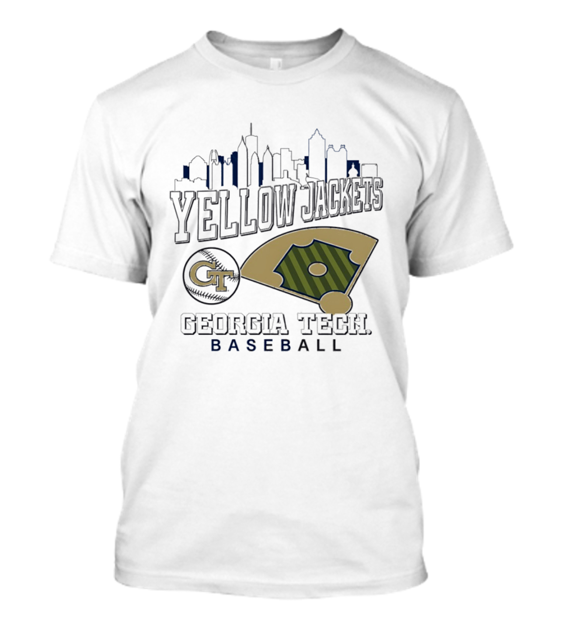 Georgia Tech Yellow Jackets Baseball City Skyline With GT Emblem And Field T-Shirt