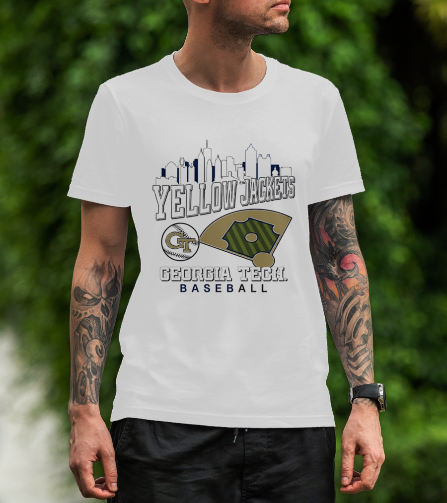 Georgia Tech Yellow Jackets Baseball City Skyline With GT Emblem And Field T-Shirt