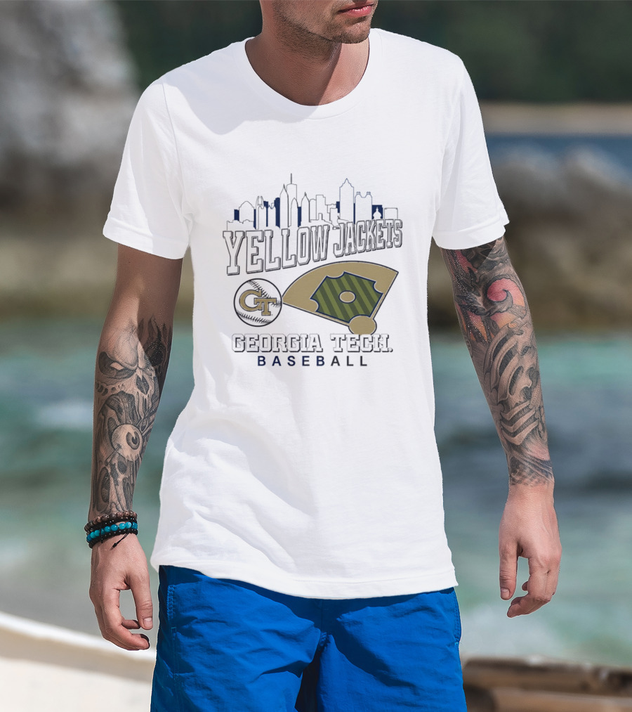 Georgia Tech Yellow Jackets Baseball City Skyline With GT Emblem And Field T-Shirt