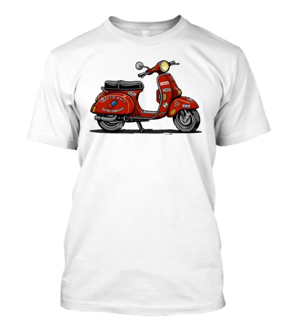 Kaneda's Vespa With Good For Health Sticker Citizen And Canon Shoei Arai Logos T-Shirt