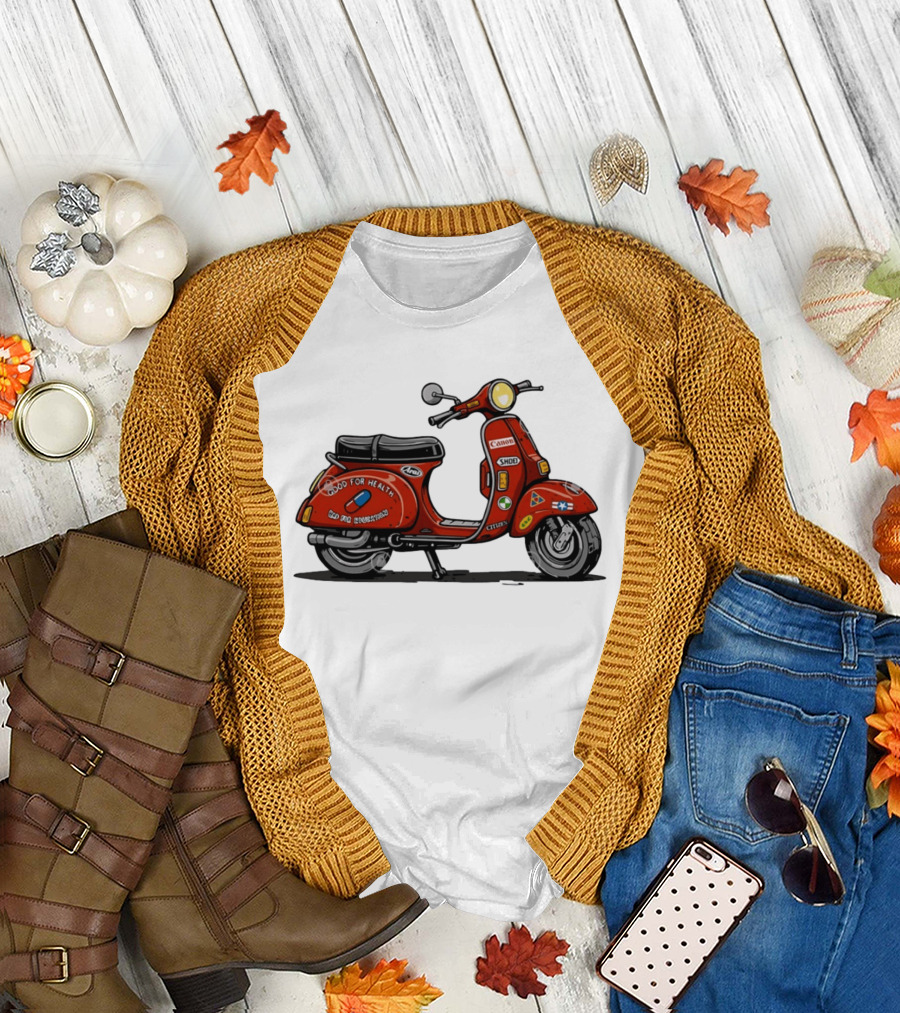 Kaneda's Vespa With Good For Health Sticker Citizen And Canon Shoei Arai Logos T-Shirt