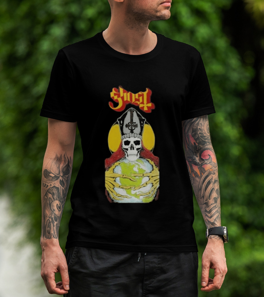 Ghost Skeleton Bishop Holding Earth Iconic Twisted Thread Ceremony T-Shirt