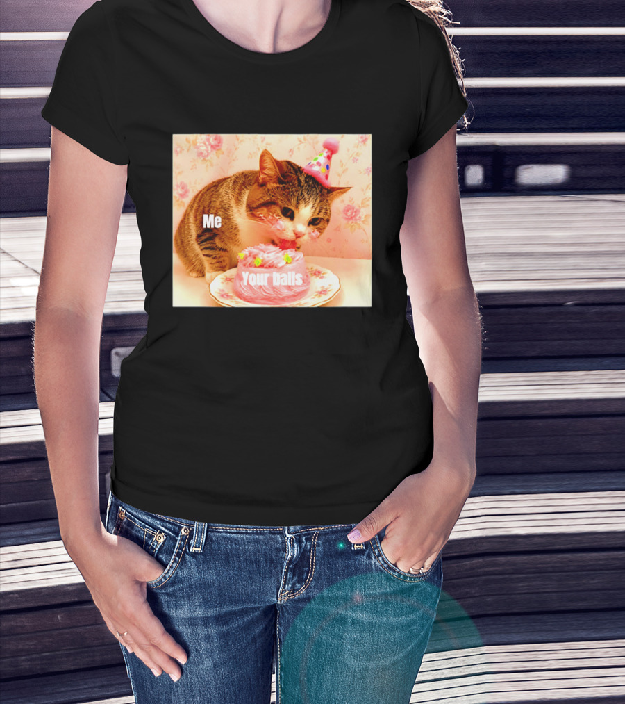 Me Your Balls Cat Eating Cake Party Hat T-Shirt