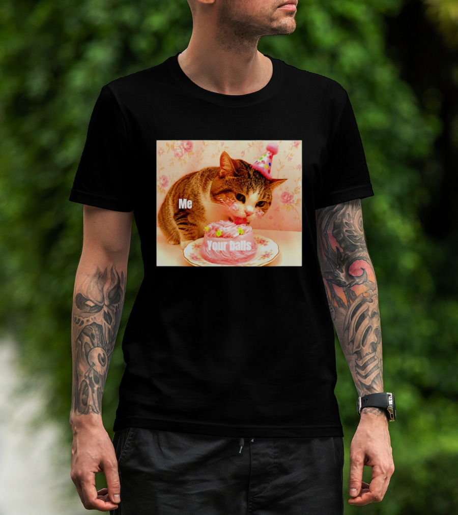 Me Your Balls Cat Eating Cake Party Hat T-Shirt