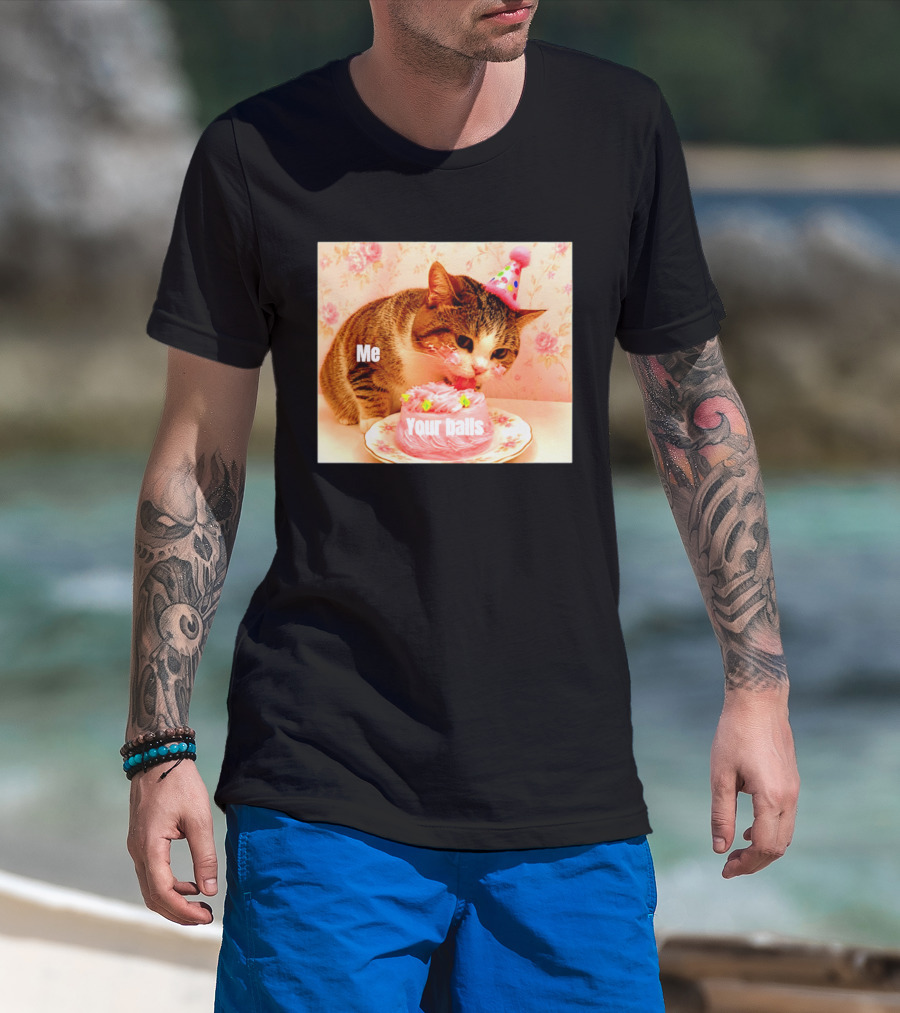 Me Your Balls Cat Eating Cake Party Hat T-Shirt