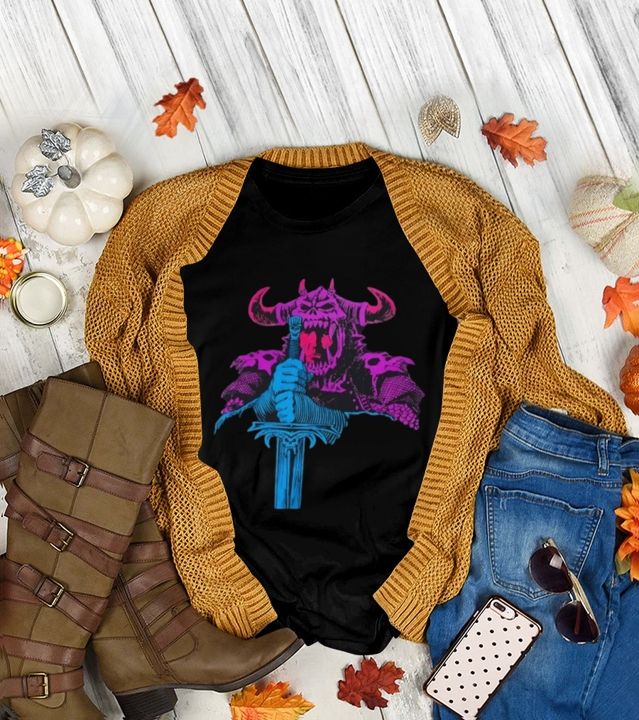 The Dark Warlord Retro Fantasy Skull and Sword T-Shirt