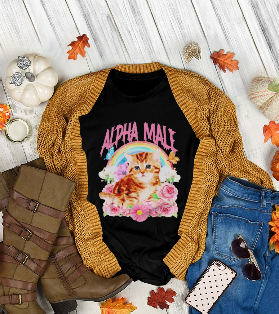 Alpha Male Kitten Rainbow Butterfly Floral Roses T-Shirt